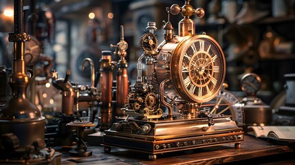 Fototapeta na wymiar Steampunk Clockwork Machine Intricately Designed Timepiece in a Vintage Workshop