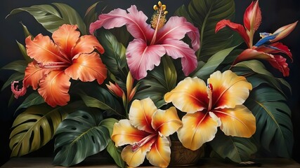 Fototapeta premium Oil painting of tropical flowers and leaves illustration.