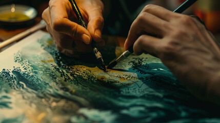 hands with knitting needles, A close-up of a skilled calligrapher creating elegant and artistic lettering realistic stock photography