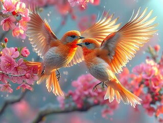 A pair of beautiful bird flying against a backdrop of beautiful scenery