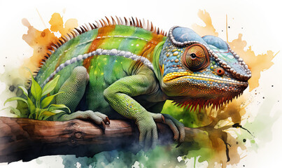 Fototapeta premium Watercolor, colorful chameleon on a white background.