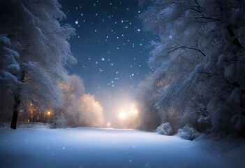 Snow falling over trees on winter landscape against night sky stock videoSnow Christmas Winter...