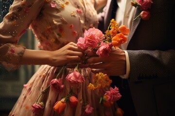 Close-up of a couple dancing with flowers in hand.