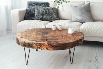 Wooden round coffee table near ottoman on knitted rug. Scandinavian interior design of modern living room