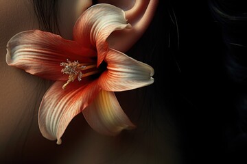 Close-up of a flower being tucked behind an ear. - obrazy, fototapety, plakaty