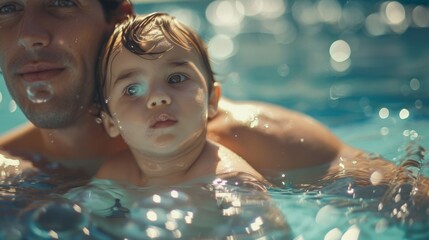 A parent is holding their child in their arms in the shallow end of a swimming pool. The parent has a stern expression while the child looks a bit nervous. The parent is explaining