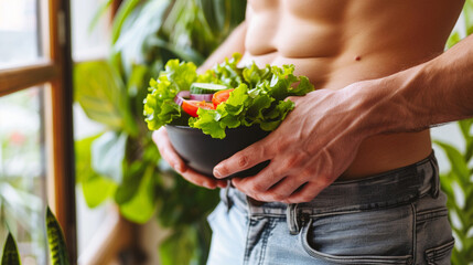 お腹の前で野菜を持つ男性　ダイエットイメージ - obrazy, fototapety, plakaty