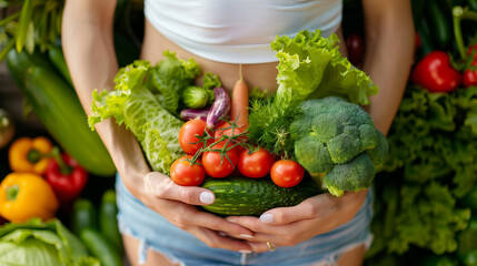 お腹の前で野菜を持つ女性　ダイエットイメージ