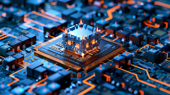 A digital artwork depicting a closeup of a secure server motherboard with a padlock, representing the idea of a fortified and protected digital environment photography
