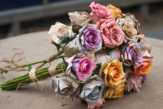 Close-up of a bouquet wrapped in newspaper.