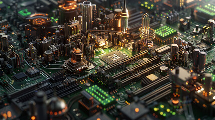 electronic circuit board with processor, A digital artwork depicting a closeup of a secure server motherboard with a padlock, representing the idea of a fortified and protected digital environment pho