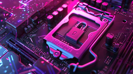 circuit board, A digital artwork depicting a closeup of a secure server motherboard with a padlock, representing the idea of a fortified and protected digital environment photography