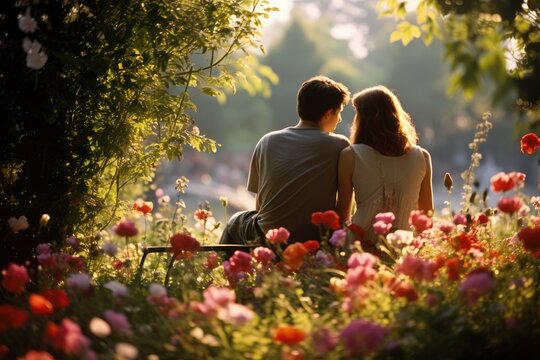 A couple sharing a quiet moment surrounded by flowers.
