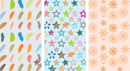 Fototapeta na wymiar Set of three Smart phone wallpaper, screen saver, desktop, chat, game, navigator, theme. Snowflake, stars and feather Background for poster, banner or flyer. High resolution fabric print designs. 