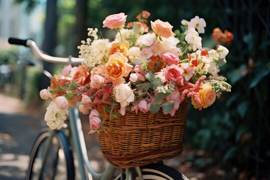 A bouquet placed in a bicycle basket.