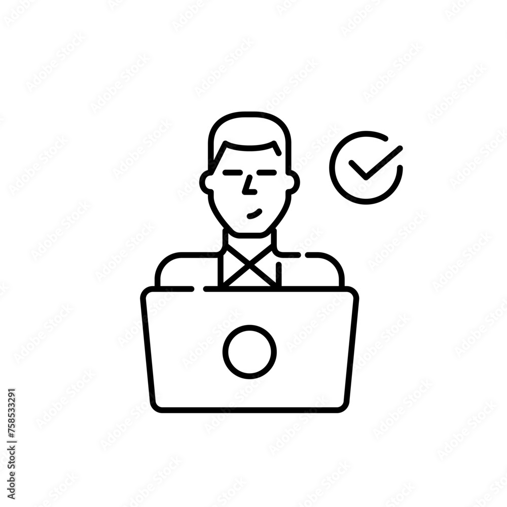 Poster man at laptop and check mark. employee achievement and productivity in digital tasks. pixel perfect 