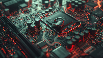 circuit board close up, An eye-catching digital banner design with the closeup of a computer motherboard and safety lock, symbolizing the integration of advanced cybersecurity measures