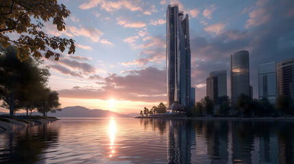 City skyline at sunset with river reflection