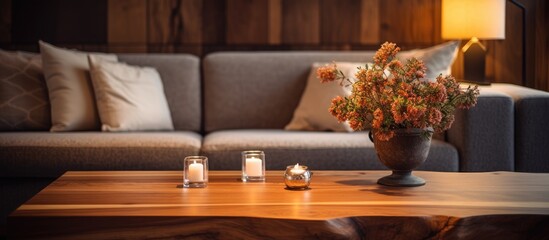 Wooden table next to sofa in well-lit room