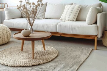 Obraz premium Wooden round coffee table near ottoman on knitted rug. Scandinavian interior design of modern living room