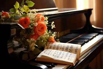 A bouquet placed on a piano with sheet music.