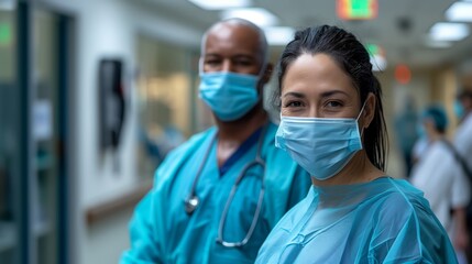 Two doctors wearing blue scrubs and masks stand in a hospital hallway