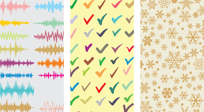 Set of three Smart phone wallpaper, screen saver, desktop, chat, game, navigator, theme. Snowflake, sound waves, tick mark Background for poster, banner or flyer. High resolution fabric designs. 
