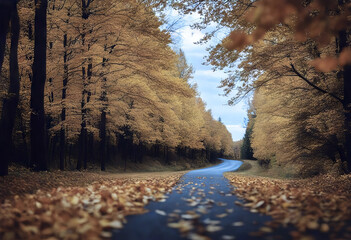 The road covered with autumn leaves stock photo