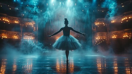A ballerina performs on stage in the electric blue darkness at midnight