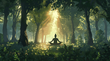 A person meditates in a tranquil forest, bathed in the warm light of sunrise, yoga concept, escapism.
