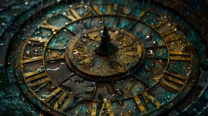 Fototapeta premium Raindrops Adorning Ancient Clock Face at Twilight - Mystical Patina of Times Passage