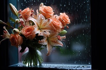 A bouquet placed on a windowsill with raindrops on the glass.