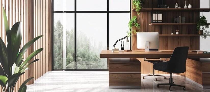 Modern stylish co-working office space interior, shelf working area