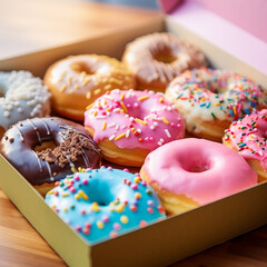 a variety of colorful gourmet donuts placed on a marble tabletop