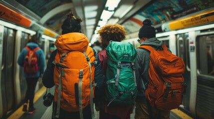 A group of tourists with backpacks and cameras taking a subway to explore the citys different neighborhoods.