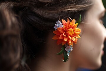 Naklejka premium A flower being tucked behind an ear during a stroll.