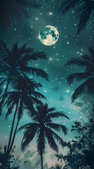 Fototapeta na wymiar A tranquil scene of palm trees silhouetted against a starry night sky illuminated by a full moon