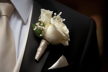 Close-up of a flower being worn as a boutonniere. - obrazy, fototapety, plakaty