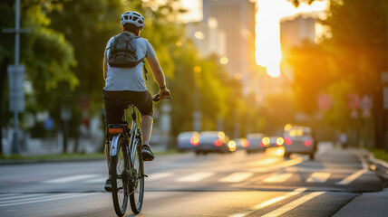 Cyclist riding on city road with urban skyline backdrop, rear view