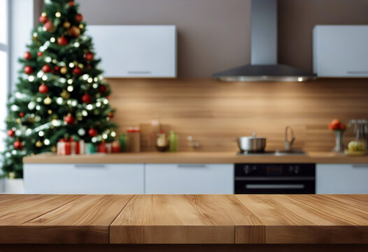 Wooden countertop and blurred kitchen with Christmas tree. Background for display or montage your products. stock photo