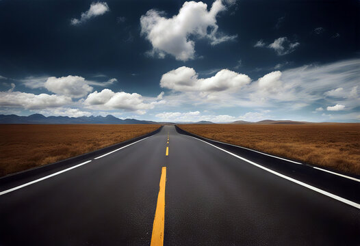 Asphalt road and sky clouds background stock photo