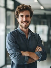 portrait of a handsome smiling businessman standing with arms crossed in a modern office, wearing casual and with neat hair. generative AI