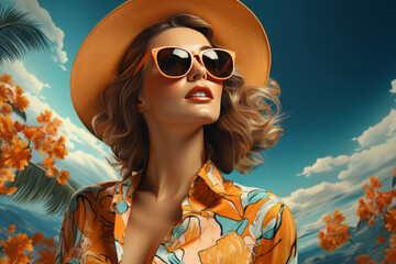 Portrait of woman wearing sunglasses with hat vintage fashion style at tropical beach at summer, pop art illustration 