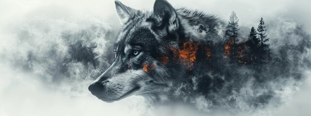 Double exposure portrait poster: forest fire inside a wolf, detailed, photorealistic, play of light and shadow  - obrazy, fototapety, plakaty