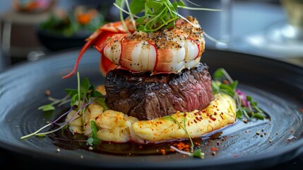 An exquisite surf and turf entrÃ©e featuring a perfectly grilled filet mignon paired with a generous portion of buttery lobster tail. The dish is elevated with a decadent truffle