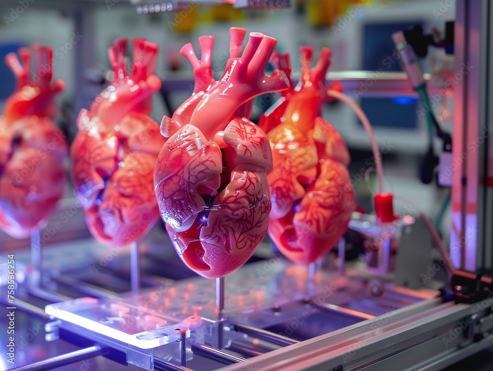 Poster multiple anatomical heart models in a row on 3d printing platform symbolizing medical mass productio