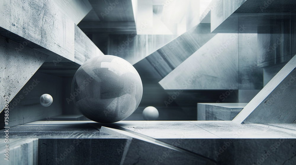 Poster monochrome geometric shapes in a dynamic composition, abstract concept of balance and form in art.
