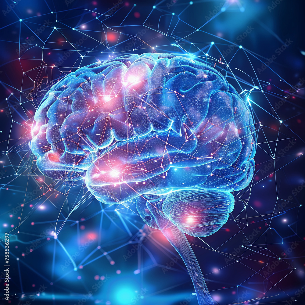 Poster neural network concept, glowing human brain representation with interconnected nodes, cognitive scie