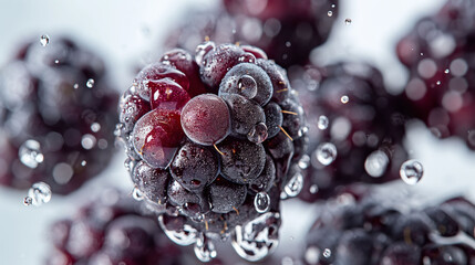 Plump blackberries with tiny droplets of water shimmering on their surfaces, carefully suspended in the air against a clean, white background, highlighting their organic beauty - obrazy, fototapety, plakaty