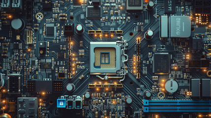 An eye-catching digital banner design with the closeup of a computer motherboard and safety lock, symbolizing the integration of advanced cybersecurity measures